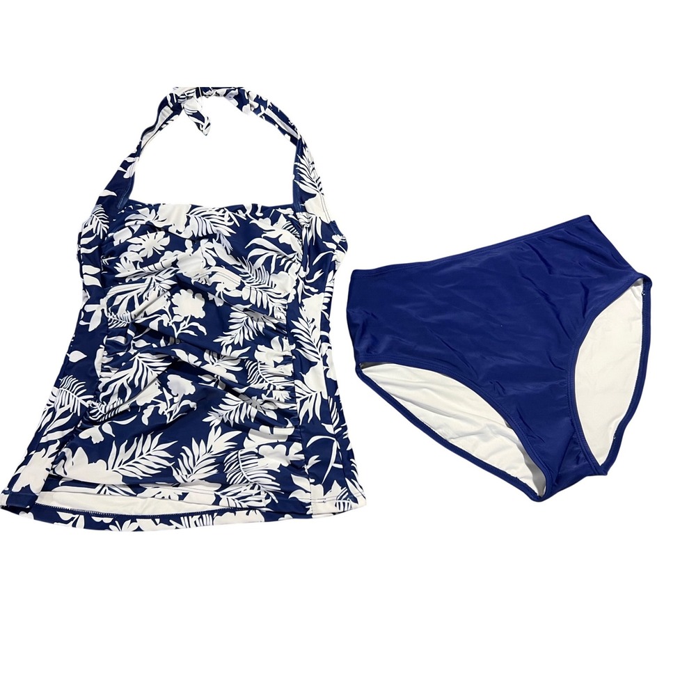 Eomenie Womens Blue White Tropical Floral Halter Tankini High Waist Set Small